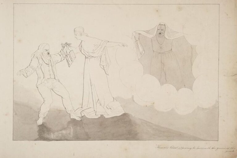 Ghost of Homer in a bedsheet bestowing genius on Dic Aberdaron (Richard Robert Jones); drawing by Ellis Owen Ellis, via Wikimedia Commons.