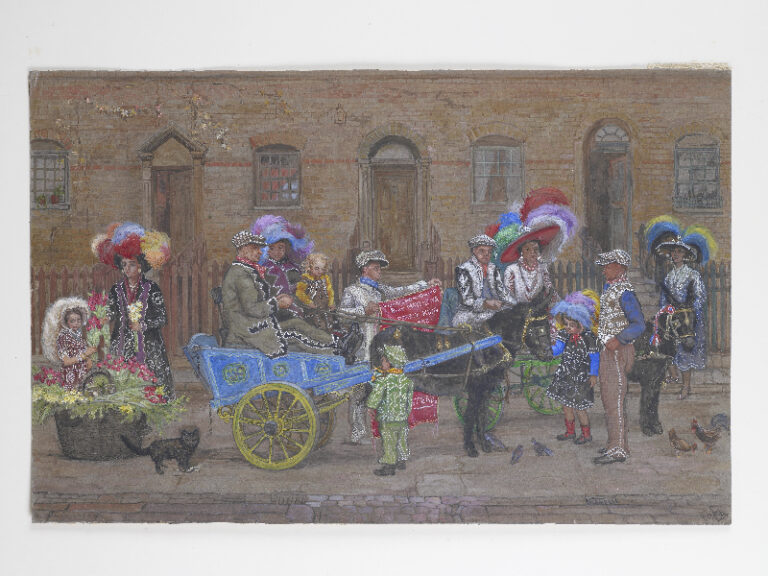 ‘Birds of a feather’: costers in gala dress in the Old Kent Road with a donkey and cart 1935 (Large) Gouache