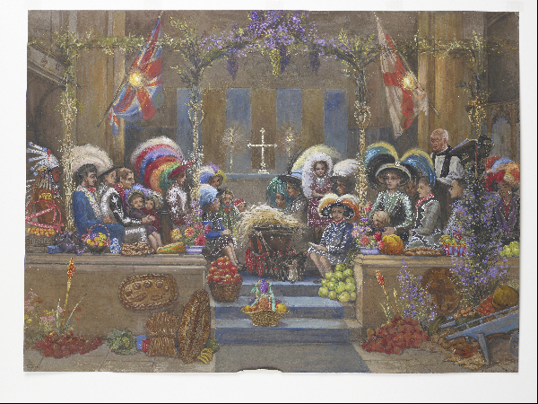 “Costers Harvest Festival in the Church of St Mary Magdalene, Old Kent Road” 1936 (Large) Gouache