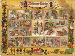 19th-century German Advent Calendar with 24 small images of children's toys & other Xmas themes, and the Kristkind (Christ Child) in the centre