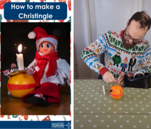 Image: on the left, a Christingle decorated orange with red ribbon and lighted candle, beside a small doll dressed as a chorister in a Santa hat; on the right, Canon Lunn, wearing a Xmas patterned jumper, decorating the Christingle orange