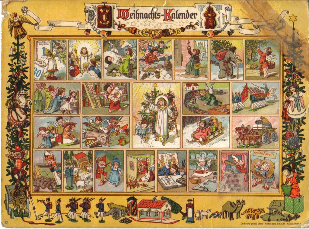 19th-century German Advent Calendar with 24 small images of children's toys & other Xmas themes, and the Kristkind (Christ Child) in the centre