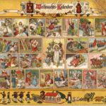 19th-century German Advent Calendar with 24 small images of children's toys & other Xmas themes, and the Kristkind (Christ Child) in the centre