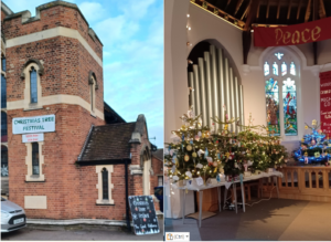 2 photos: left one shows the exterior of Upminster Methodist Church with signboards saying 'Christmas tree festival'; right photo shows the interior of the church with a display of 4 or 5 small decorated Christmas trees on tables