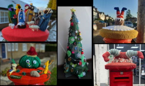 Composite of 5 photos: top left, knitted nativity scene postbox topper with 3 kings & 3 shepherds around Mary, Joseph & baby Jesus in crib, plus 3 sheep (Morpeth 2023; photo S. Hathaway); bottom left: knitted postbox topper of Xmas vegetables: a large sprout in a Xmas hat & with googly eyes, plus smaller parsnip, potato, & carrot (Morpeth 2024; photo S.Hathaway); centre: knitted Xmas tree with decorations (photo J. Harte); top right: knitted postbox topper of Santa's legs & feet sticking out of a chimney (Thondon Park, undated; photo J.Harte); bottom right: legs & feet of an elf upside down as if diving into the top of the postbox (Dulwich, 2024; photo F. Halliwell)