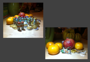 left image: foil-covered chocolate Xmas tree decorations (snowmen, soldiers, Santas) lined up beside piles of gold and silver foil-covered chocolate coins, in front of oranges and pomegranate; right image: empty chocolate coin wrappers and 1 empty chocolate snowman wrapper in front of oranges and pomegranate with a chocolate Santa figure peeping out from behind the fruit