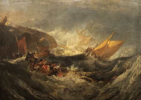 Oil painting by J.M.W. Turner, c.1810, of a sailing ship foundering in a heavy sea