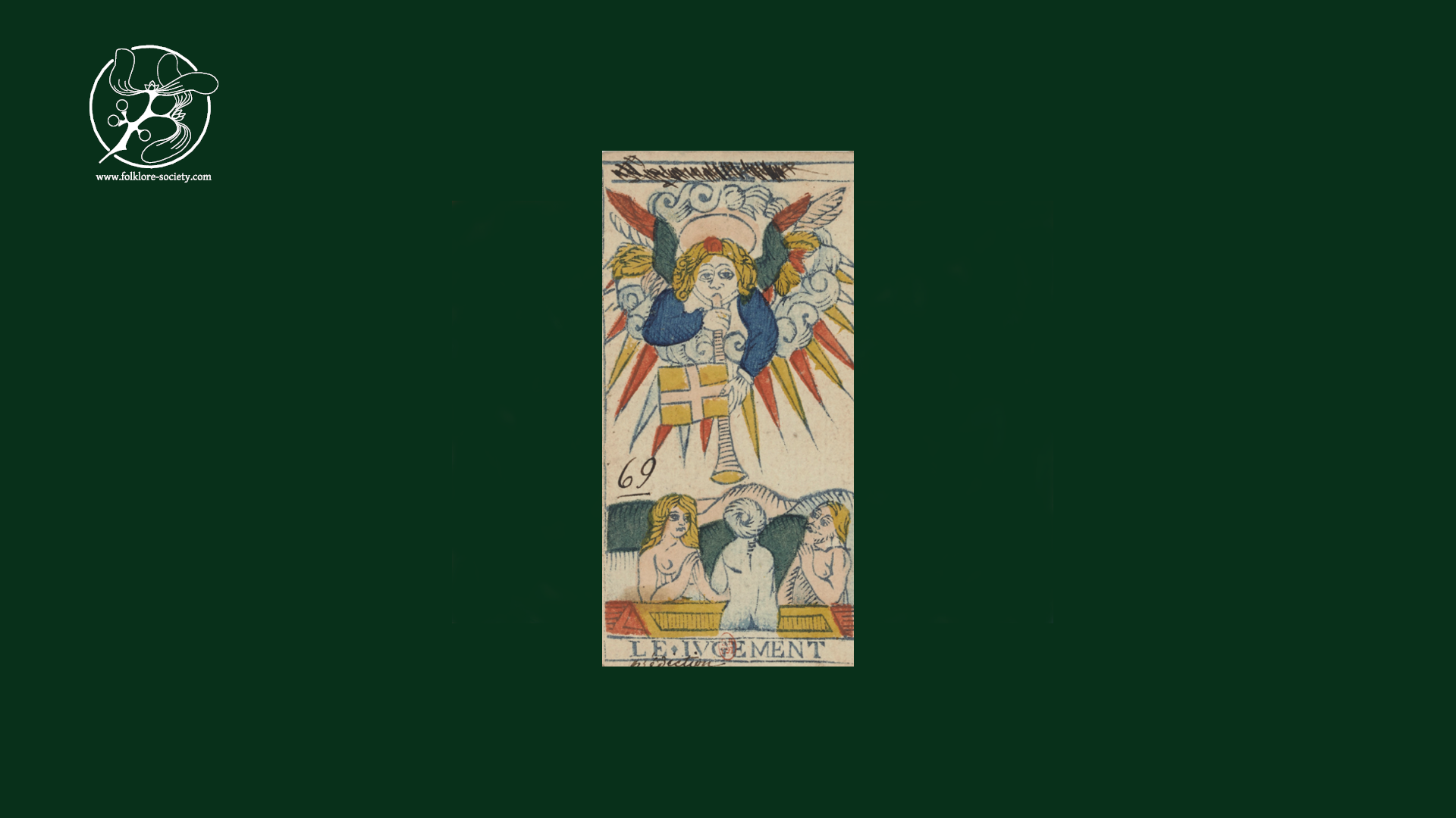 'Judgement'--French Tarot card showing an angel blowing a trumpet, surrounded by a sunburst, over three damned souls below